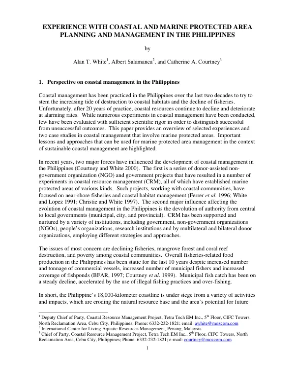 Experience with coastal and marine protected area planning and management in the Philippines
