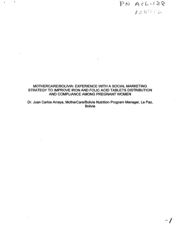 MotherCare/Bolivia : experience with a social marketing strategy to improve iron and folic acid tablets distibution and compliance among pregnant women