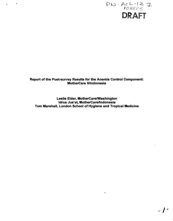 Report of the post survey results for the anemia control component : MotherCare/Indonesia
