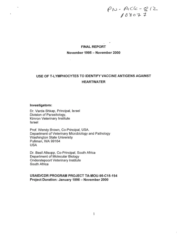 Final report, November 1995-November 2000 : use of T-lymphocytes to identify vaccine antigens against heartwater