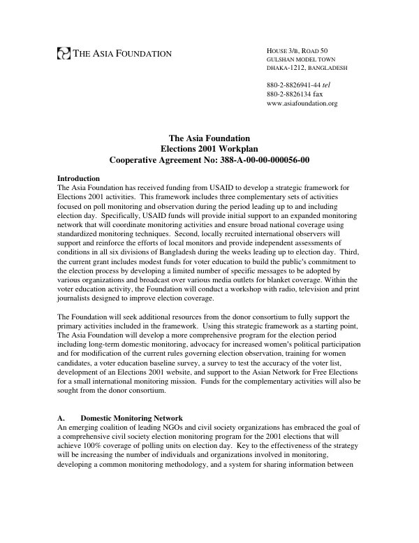 Elections 2001 workplan cooperative agreement no. 388-A-00-00-000056-00 [i.e. 388-A-00-00-00056-00]