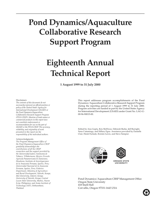 Pond dynamics/aquaculture collaborative research support program (PD/A CRSP) : eighteenth annual technical report -- 1 August 1999 to 31 July 2000