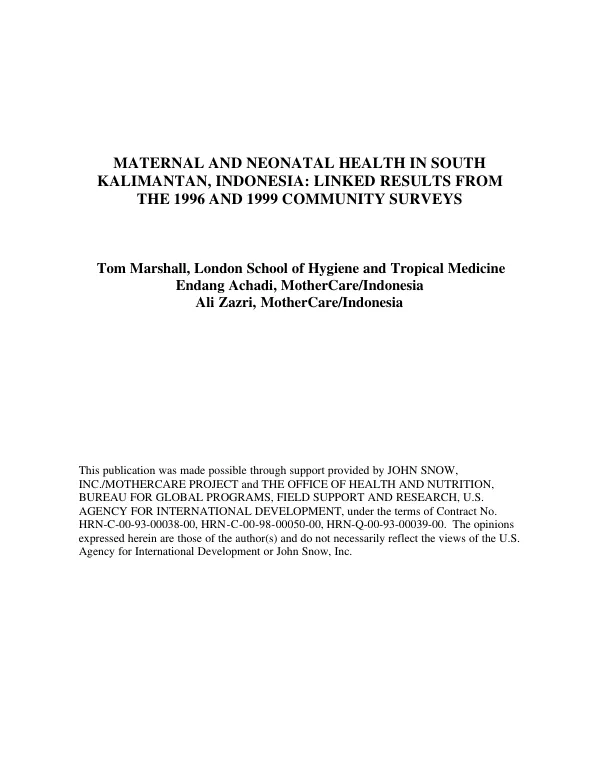 Maternal and neonatal health in South Kalimantan, Indonesia : linked results from the 1996 and 1999 community surveys
