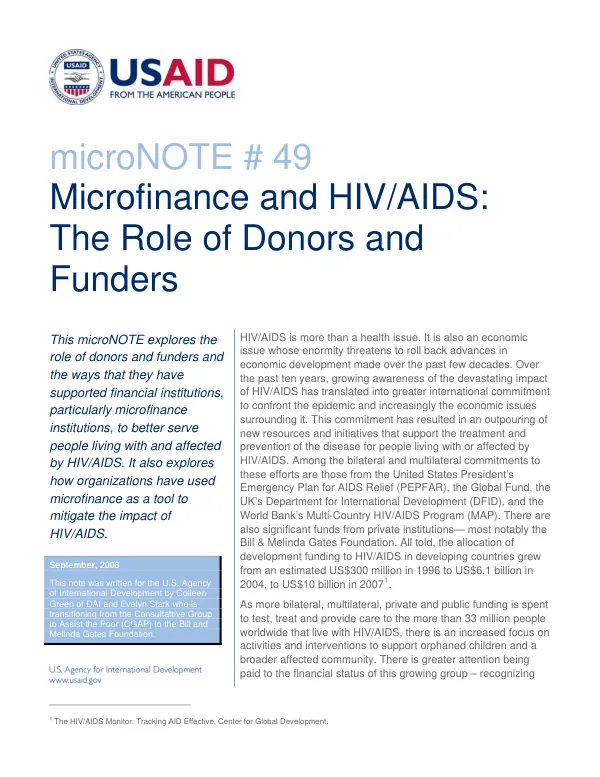 Microfinance and HIV/AIDS : the role of donors and funders