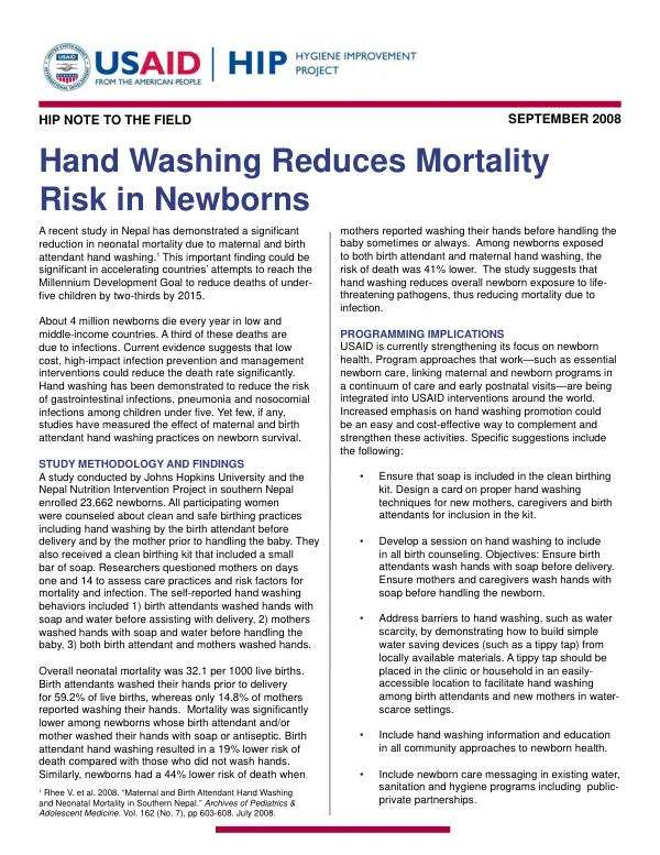 Hand washing reduces mortality risk in newborns