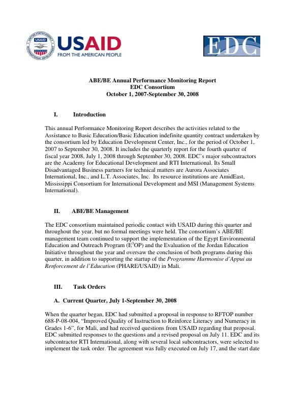 ABE/BE annual performance monitoring report : EDC Consortium -- October 1, 2007-September 30, 2008