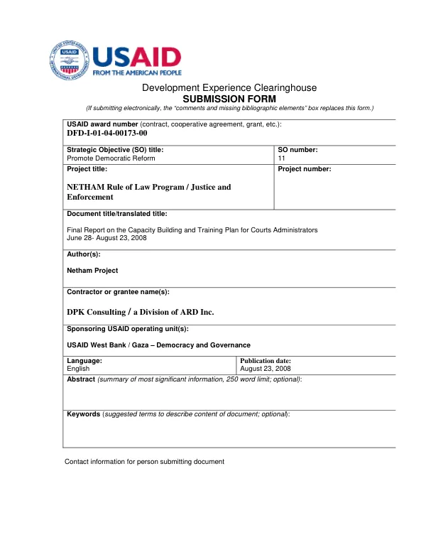 Report on the completion of the capacity building and training plan for West Bank courts administrators, June 28-August 23, 2008