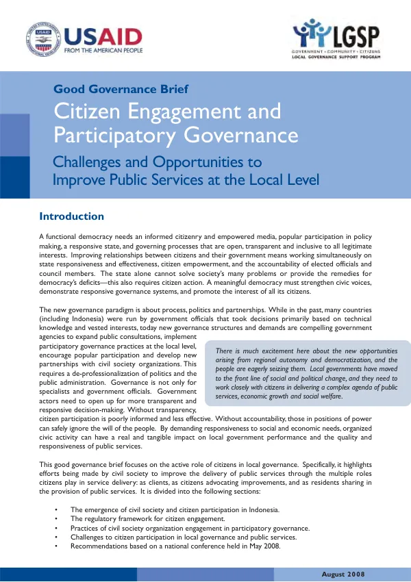 Citizen engagement and participatory governance : challenges and opportunities to improve public services at the local level