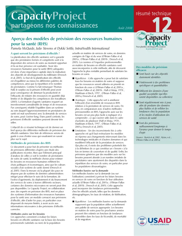 Apercu des modeles de prevision des ressources humaines pour la sante (RHS)