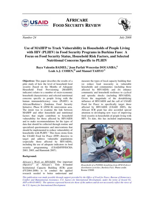 Use of MAHFP to track vulnerability in households of people living with HIV (PLHIV) in food security programs in Burkina Faso : a focus on food security status, household risk factors, and selected nutritional concerns specific to PLHIV