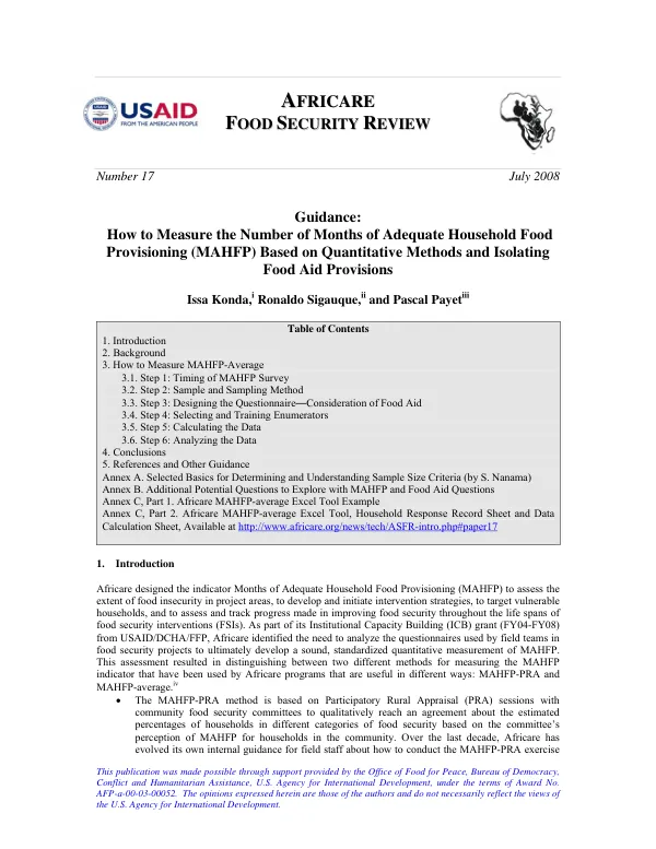 Guidance : how to measure the number of months of adequate household food provisioning (MAHFP) based on quantitative methods and isolating food aid provisions