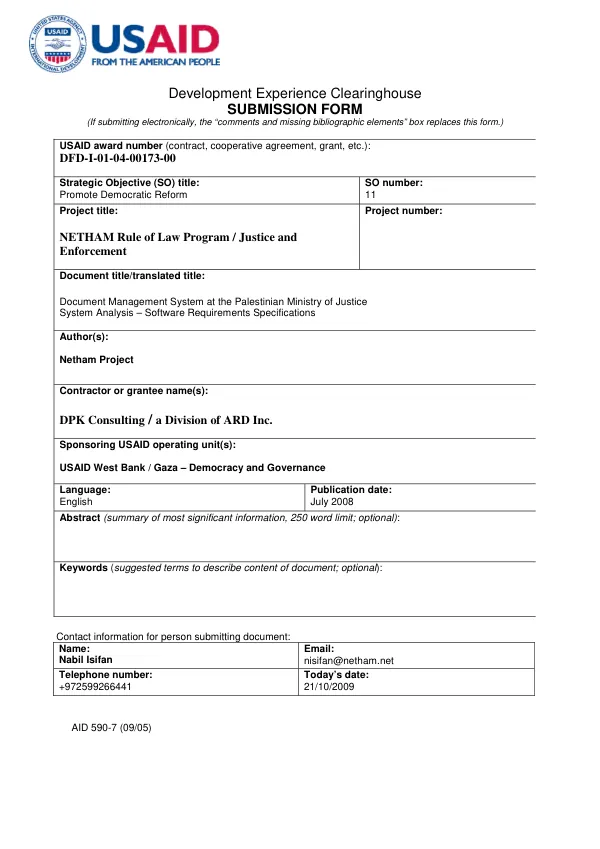 Document management system (DMS) at the Ministry of Justice (MOJ) : systems analysis - software requirements specifications (SRS)