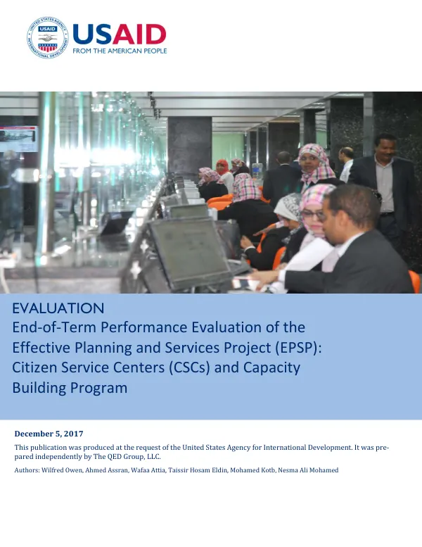 End-of-term performance evaluation of the effective planning and services project (EPSP) : citizen service centers (CSCs) and capacity building program