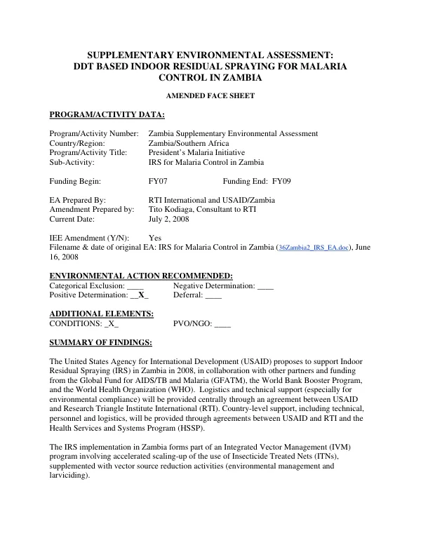 Supplementary environmental assessment : DDT based indoor residual spraying for malaria control in Zambia -- amended fact sheet