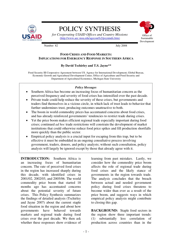 Food crises and food markets : implications for emergency response in Southern Africa
