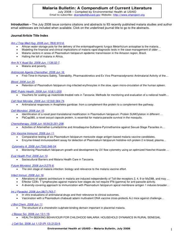 Malaria bulletin : a compendium of current literature