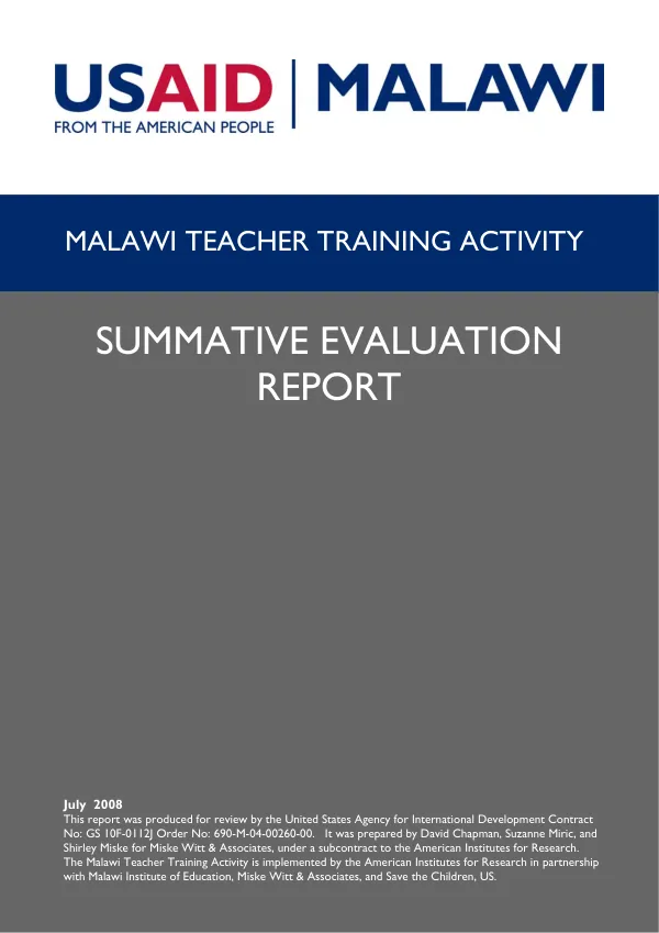 Malawi teacher training activity : summative evaluation report