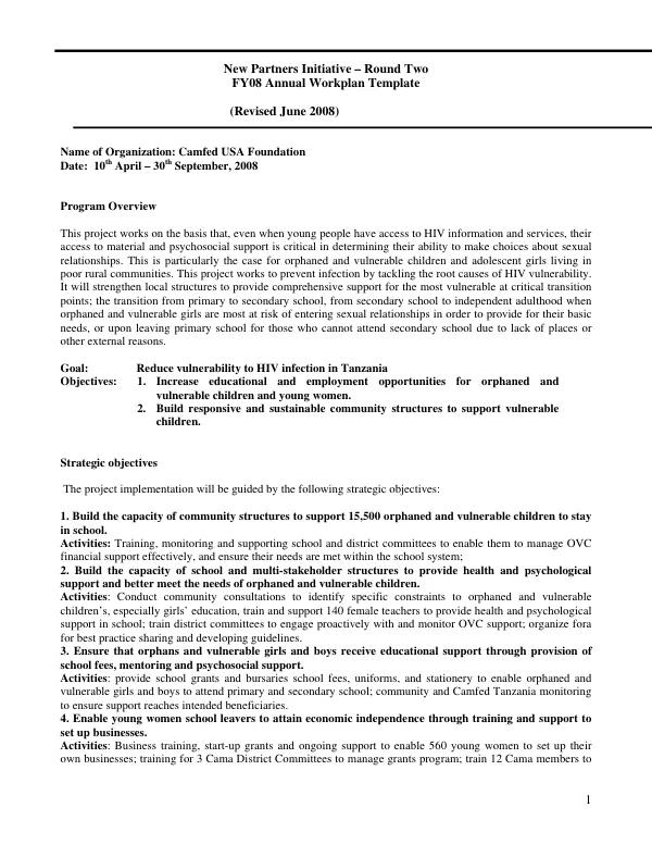 Tackling girsl" and young women"s vulnerability to HIV/AIDS in Tanzania : FY08 annual workplan template -- 10th April-30th September, 2008