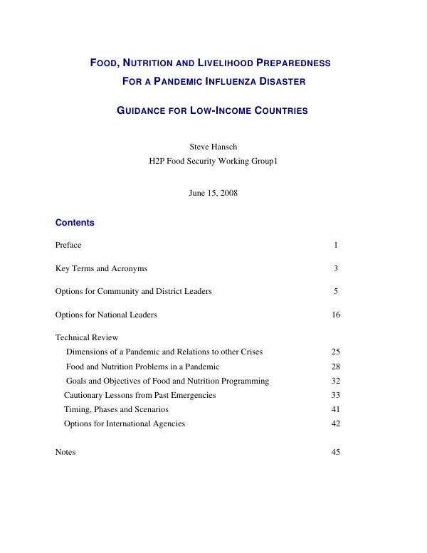 Food, nutrition and livelihood preparedness for a pandemic influenza disaster : guidance for low-income countries