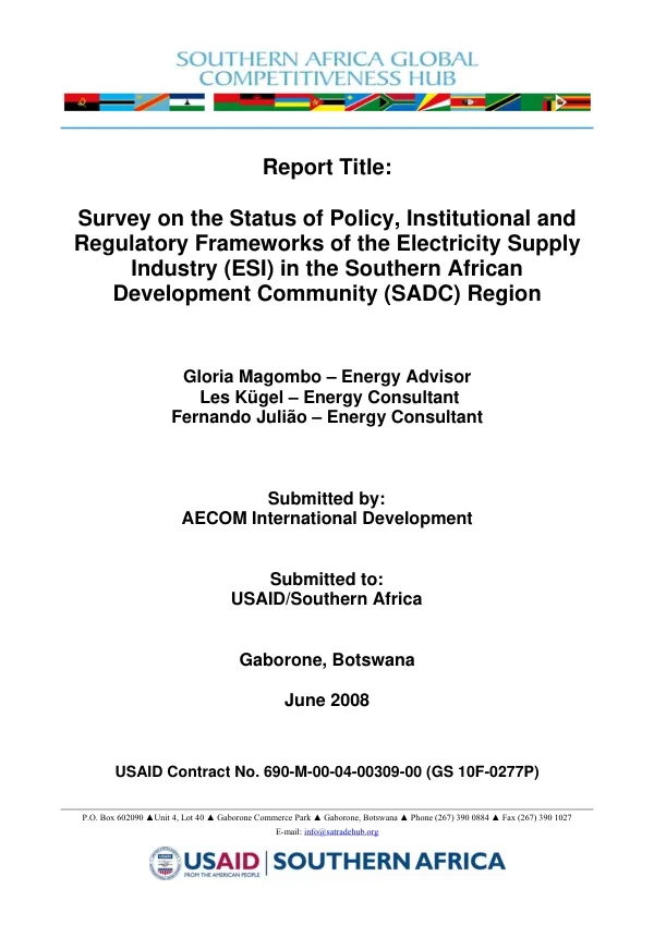 Survey on the status of policy, institutional and regulatory frameworks of the electricity supply industry (ESI) in the Southern African Development Community (SADC) Region