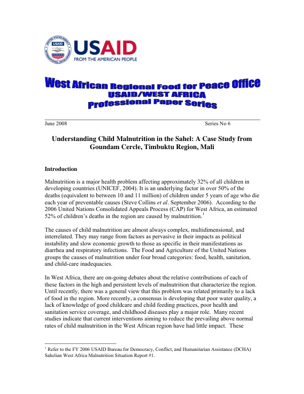 Understanding child malnutrition in the Sahel : a case study from Goundam Cercle, Timbuktu region, Mali