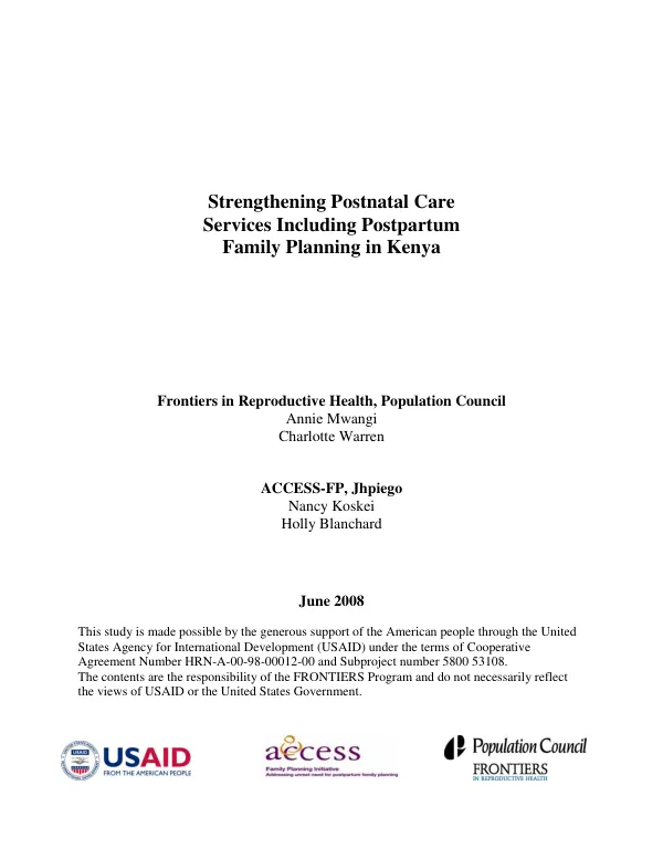 Strengthening postnatal care services including postpartum family planning in Kenya