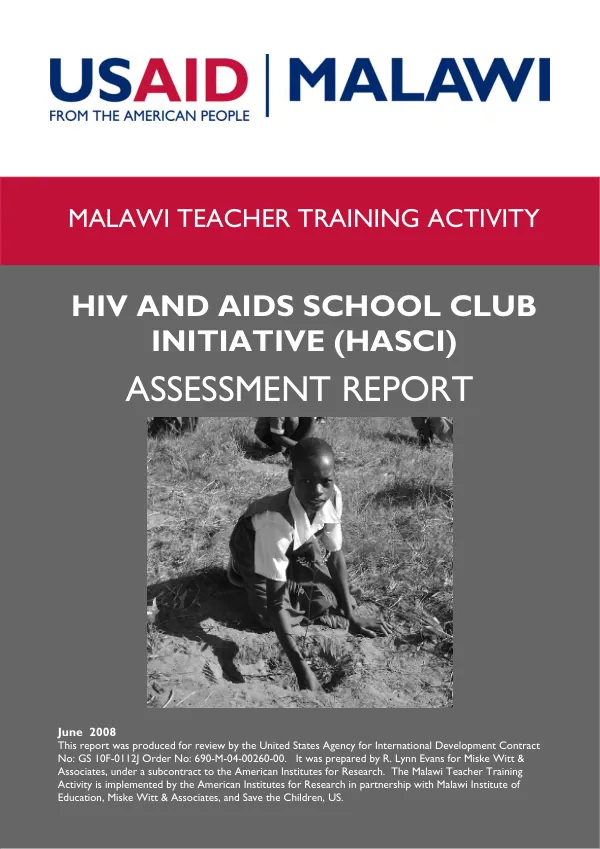 Malawi teacher training activity : HIV and AIDS school club initiative (HASCI) -- assessment report