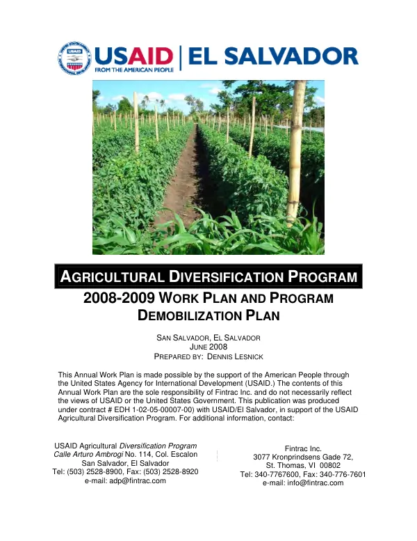 Agricultural diversification program 2008-2009 work plan and program demobilization plan