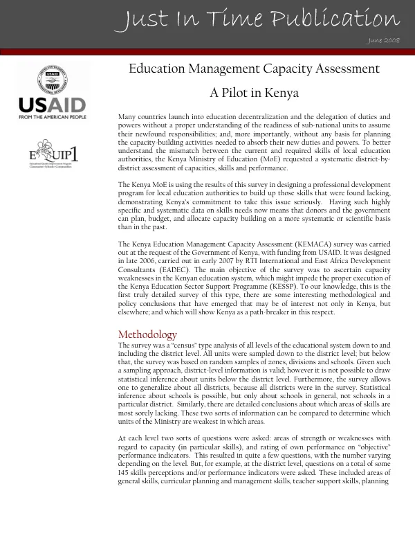 Education management capacity assessment : a pilot in Kenya
