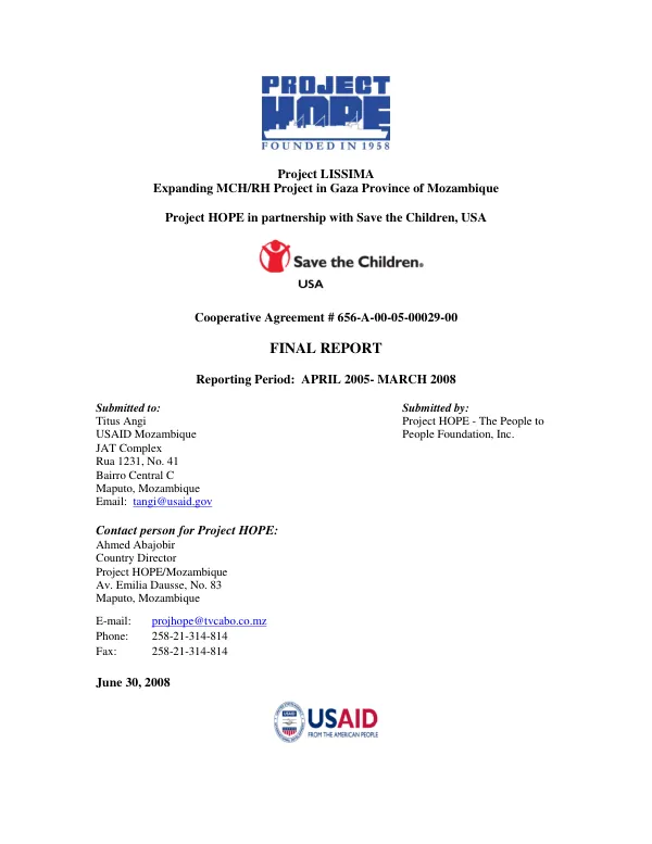 Project LISSIMA, expanding MCH/RH project in Gaza Province of Mozambique : final report