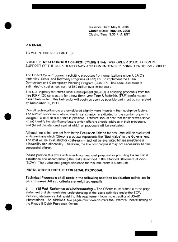 M/OAA/GRO/LMA-08-7825, competitive task order solicitation in support of the Cuba democracy and contingency planning program (CDCPP)