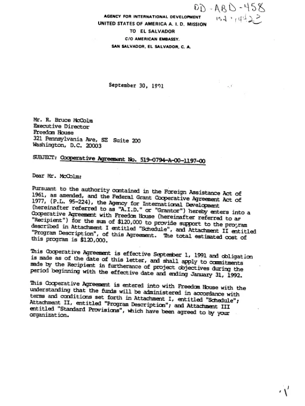 AID cooperative agreement no. 519-0794-A-00-1197-00 to Freedom House to carry out a survey and evaluation of Salvadoran civic and issue - awareness organizations which support participation in Salvadoran elections