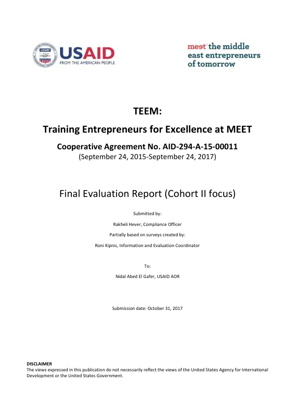 TEEM : training entrepreneurs for excellence at MEET, cooperative agreement no. AID-294-A-15-00011 (September 24, 2015-September 24, 2017) : final evaluation report (cohort II focus)