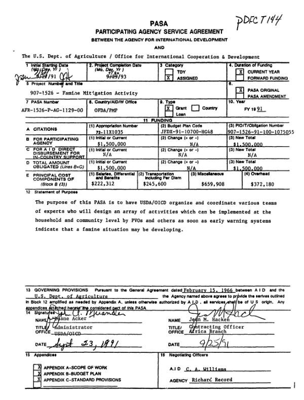 PASA participating agency service agreement between the Agency for International Development and the US Dept. of Agriculture/Office for International Cooperation and Development [: 907-1526 famine mitigation activity]