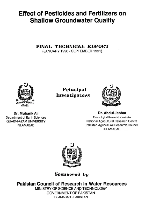 Effect of pesticides and fertilizers on shallow groundwater quality : final technical report (January 1990 - September 1991)
