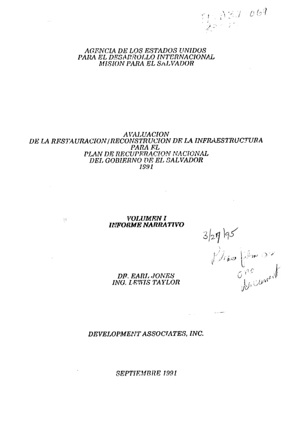 Avaluacion de la restauracion/reconstrucion de la infraestructura para el Plan de Recuperacion Nacional del Gobierno de El Salvador, 1991, volumen 1-2