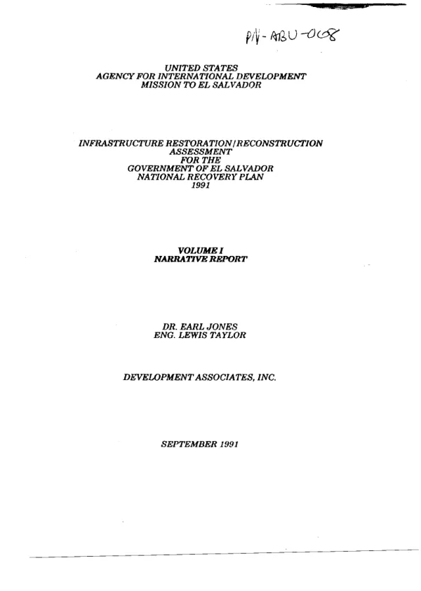 Infrastructure restoration/reconstruction assessment for the Government of El Salvador National Recovery Plan, 1991, volumes 1-2