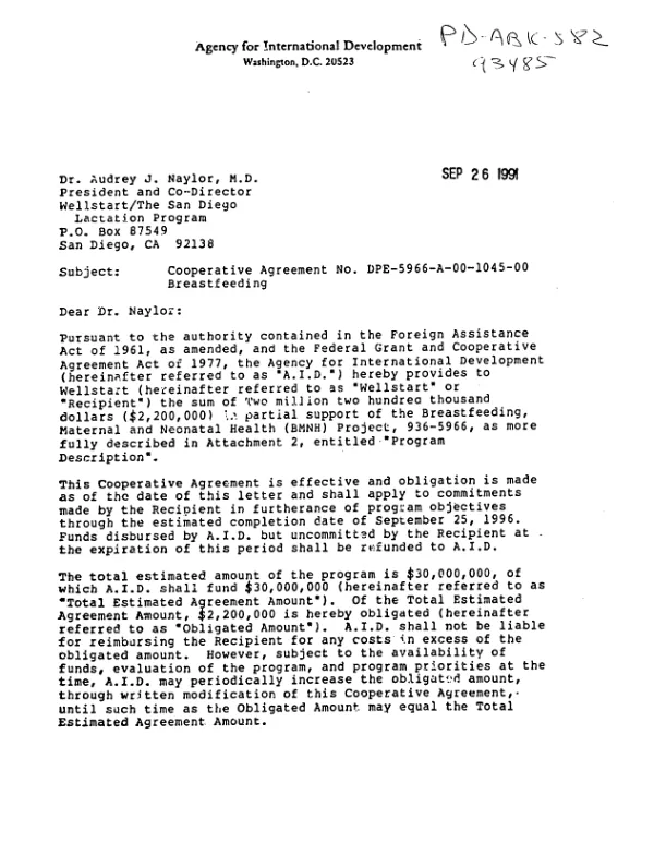 AID cooperative agreement no. DPE-5966-A-00-1045-00 to Wellstart/the San Diego Lactation Program in support of the breastfeeding, maternal and neonatal health (BMNH) project no. 936-5966