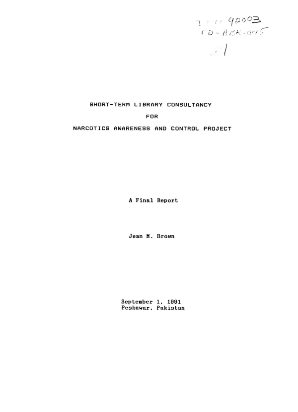 Short-term library consultancy for narcotics awareness and control project : a final report