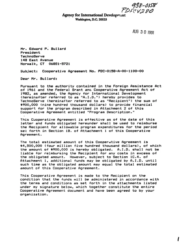 AID cooperative agreement no. PDC-0158-A-00-1100-00 with TechnoServe for support of a program entitled `accelerating rural development through the TechnoServe network"