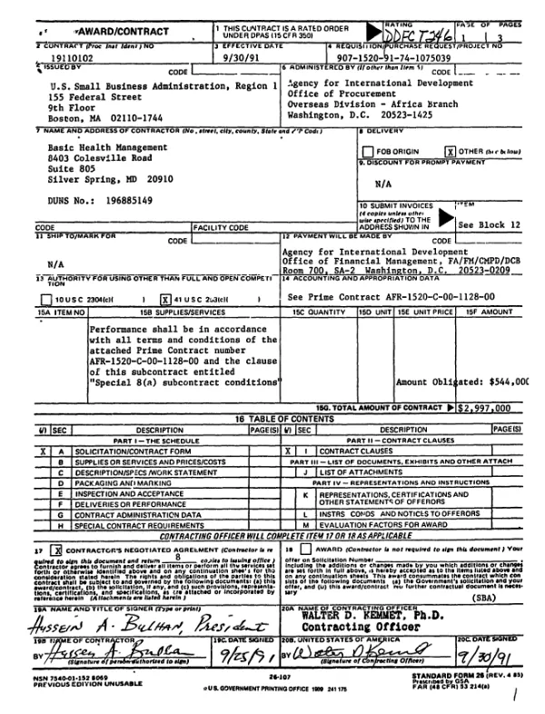 AID grant no. AFR-1520-C-00-1128-00 to Basic Health Management Inc. to provide technical and program support to OFDA"s prevention, mitigation, and preparedness (PMP) program