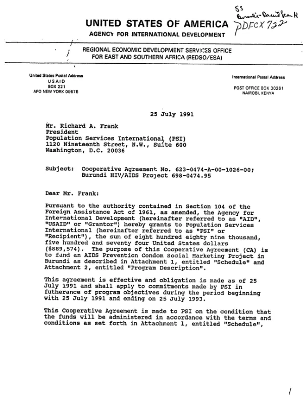 AID cooperative agreement no. 623-0474-A-00-1026-00 to Population Services International (PSI) to fund an AIDS prevention condom social marketing project in Burundi