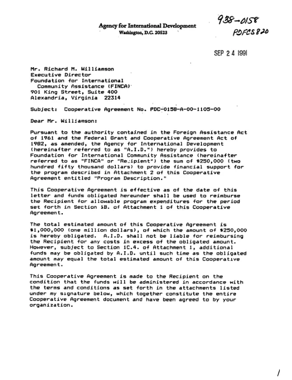 AID cooperative agreement no. PDC-0158-A-00-1105-00 with the Foundation for International Community Assistance (FINCA) for a program entitled `business development promotion/PEBD"