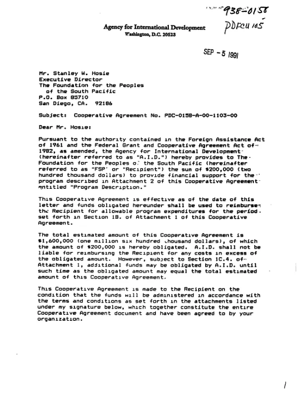 AID cooperative agreement no. PDC-0158-A-00-1103-00 with the Foundation for the Peoples of the South Pacific to support a program entitled `FSP/NGO consortium building project for sustainable forestry development"