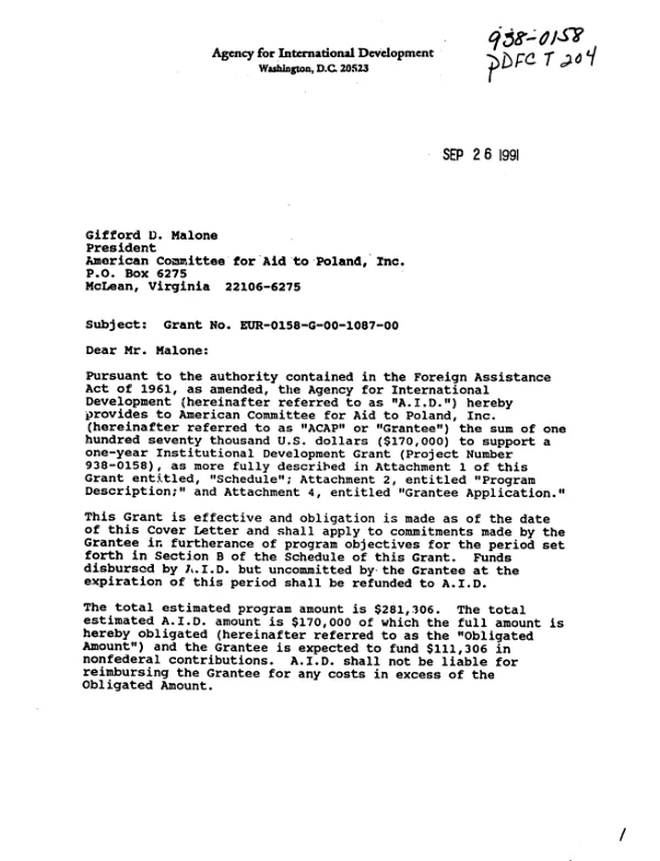 AID grant no. EUR-0158-G-00-1087-00 to the American Committee for Aid to Poland, Inc. (ACAP) to develop and carry out programs encouraging civic and individual self-help and related activities on both a local and national level in Poland