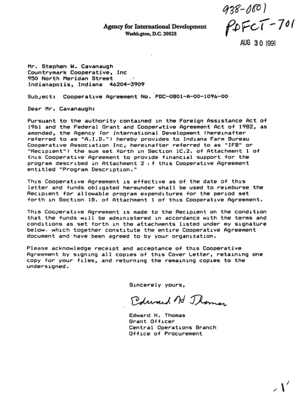 AID cooperative agreement no. PDC-0801-A-00-1096-00 with Countrymark Cooperative, Inc. (Indiana Farm Bureau Cooperative Association, Inc.) for support under the Title II planning assistance grant