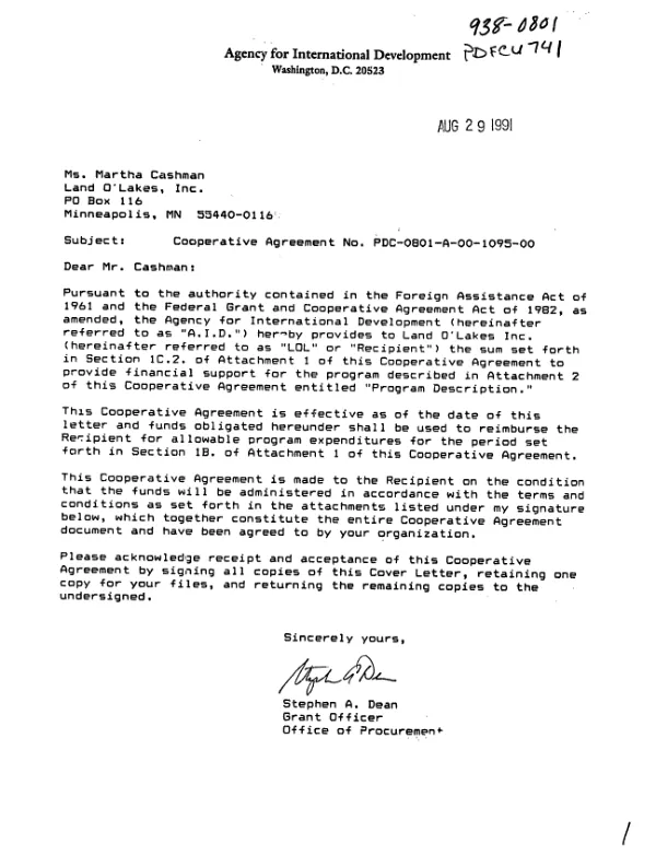AID cooperative agreement no. PDC-0801-A-00-1095-00 with Land O" Lakes, Inc. to develop a strategic plan for the use of Title II monetized commodities in microenterprises and dairy development