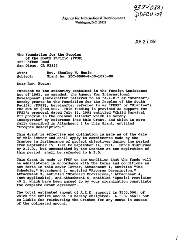AID cooperative agreement no. PDC-0500-G-00-1075-00 with the Foundation for the Peoples of the South Pacific (FPSP) for the child survival VII program in the Solomon Islands