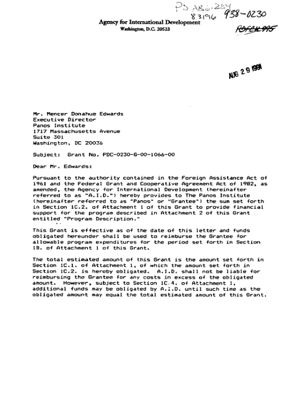AID grant no. PDC-0230-G-00-1066-00 to Panos Institute for a program in development education