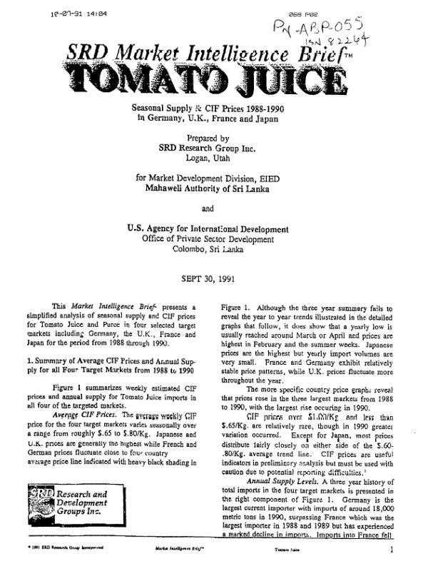 Tomato juice : seasonal supply and CIF prices 1988-1990 in Germany, U.K., France and Japan